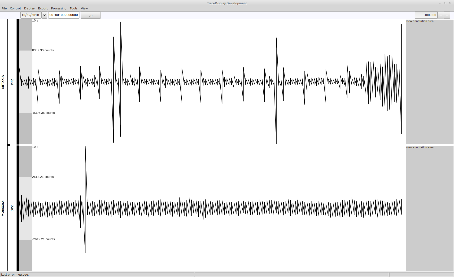 The view of tracedisplay after the opening of the tracedisplay dialog. The display of the seismograms might be erroneous because of an issue with the initial resizing of the window. You can fix the problem by refreshing the view using the key r.