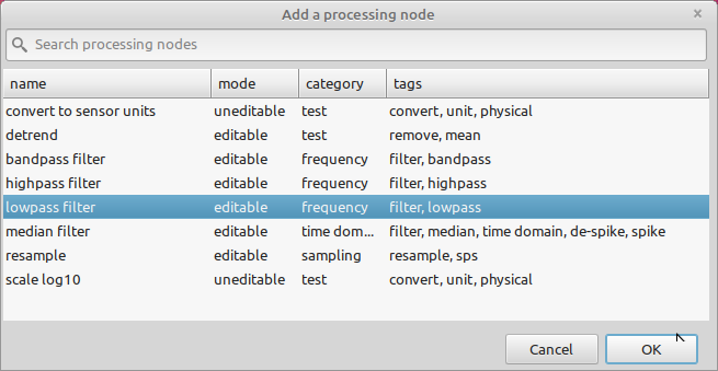 Adding the lowpass filter processing node using the processing node selection dialog.