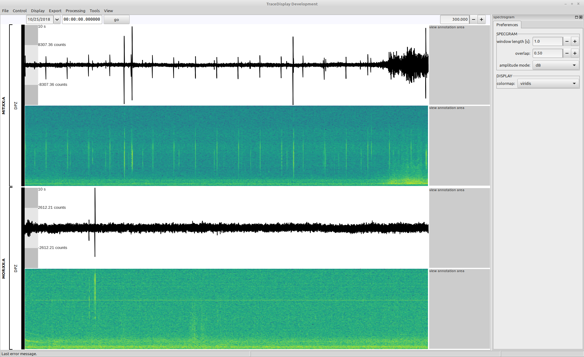 The spectrogram preferences are opened as a docking window on the right side of the tracedisplay main window.