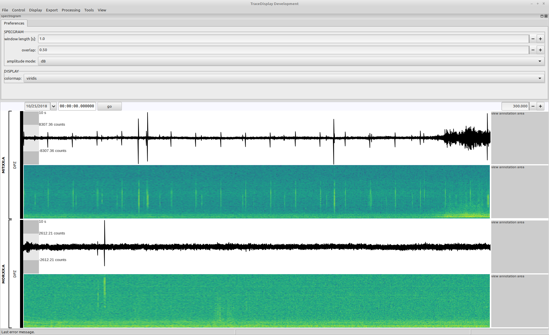 The spectrogram preferences docked to the top of the tracedisplay window.