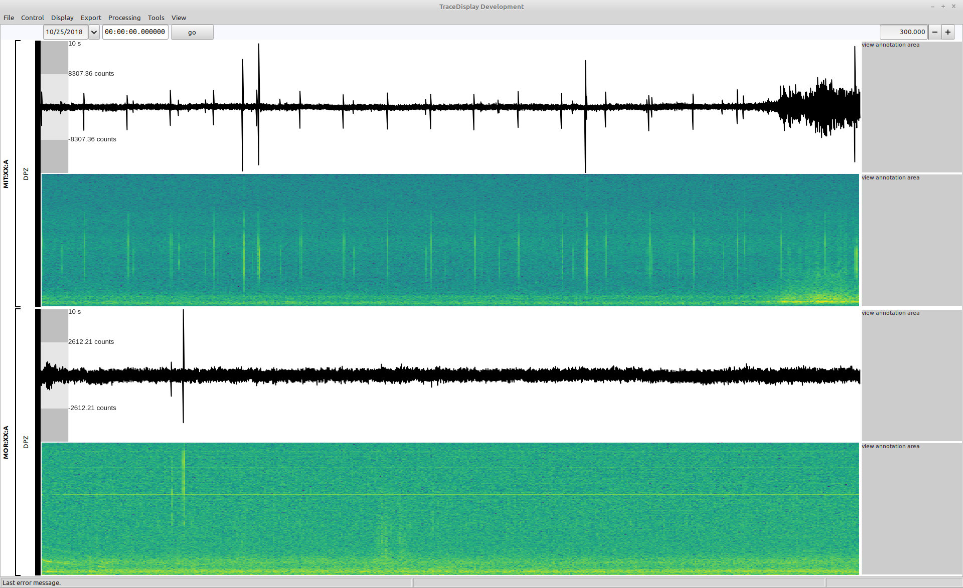The tracedisplay dialog with the spectrogram view added.