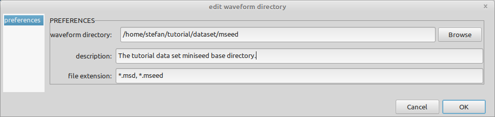 Enter the properties of the waveform directory. The waveform directory points to the base path holding the data files. The file extension sets the search wildcards when scanning the waveform directory for data files.