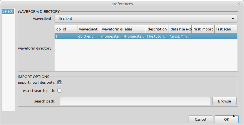 Select the available waveform directory and close the preferences dialog by clicking the OK button.