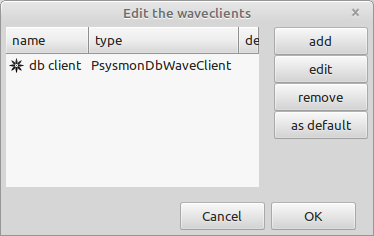 The waveclient editor showing the default database client.