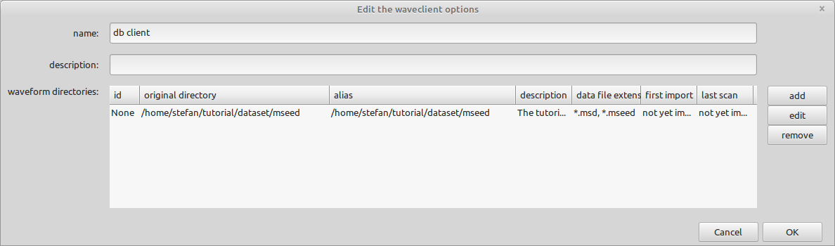 The waveclient options with the added waveform directory.