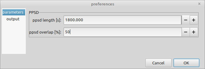 The parameters page of the compute ppsd child node preferences editor.