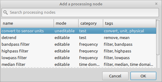 Select the convert to sensor units processing node.