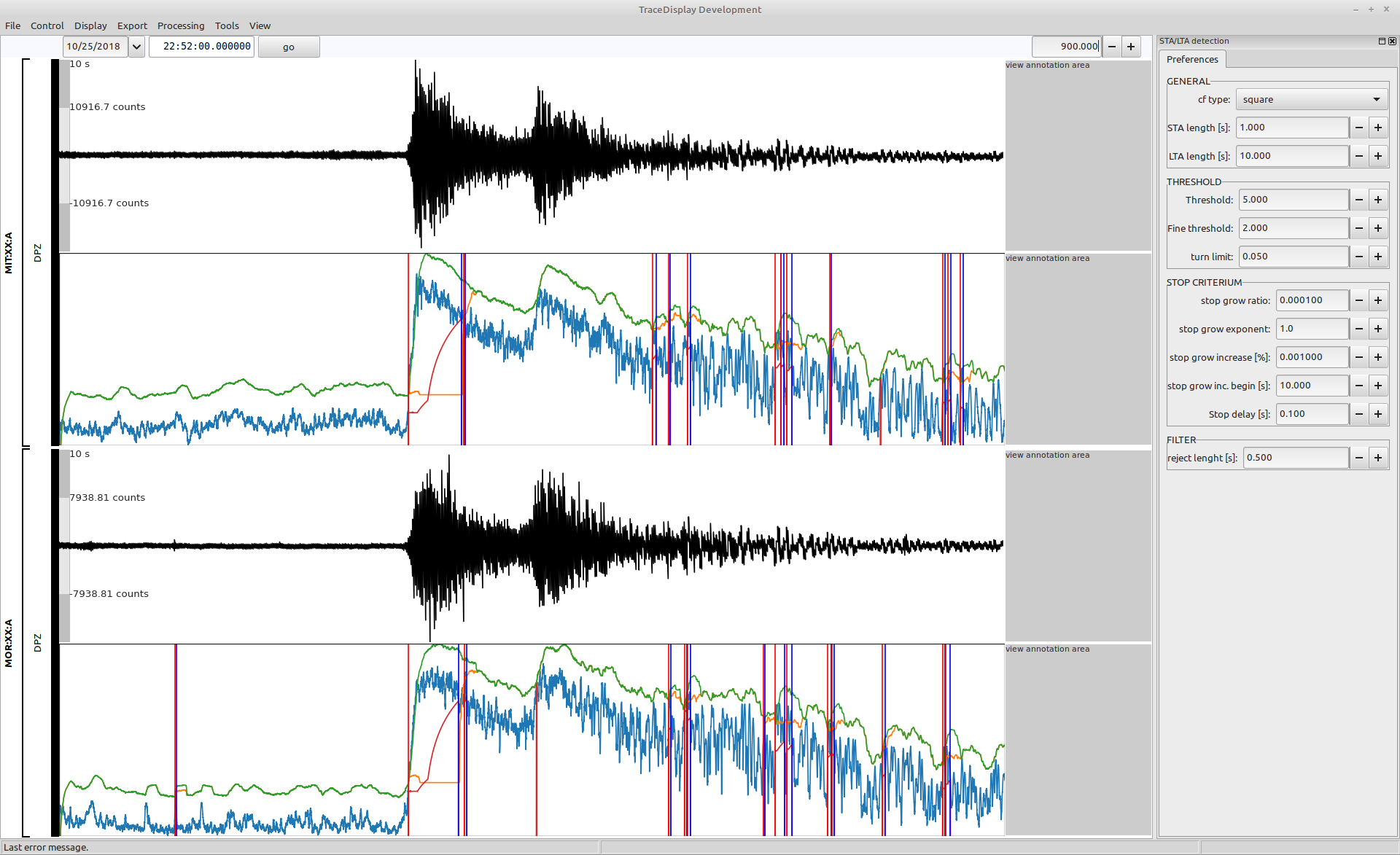 The performance of the STA/LTA detection with an earthquake signal.